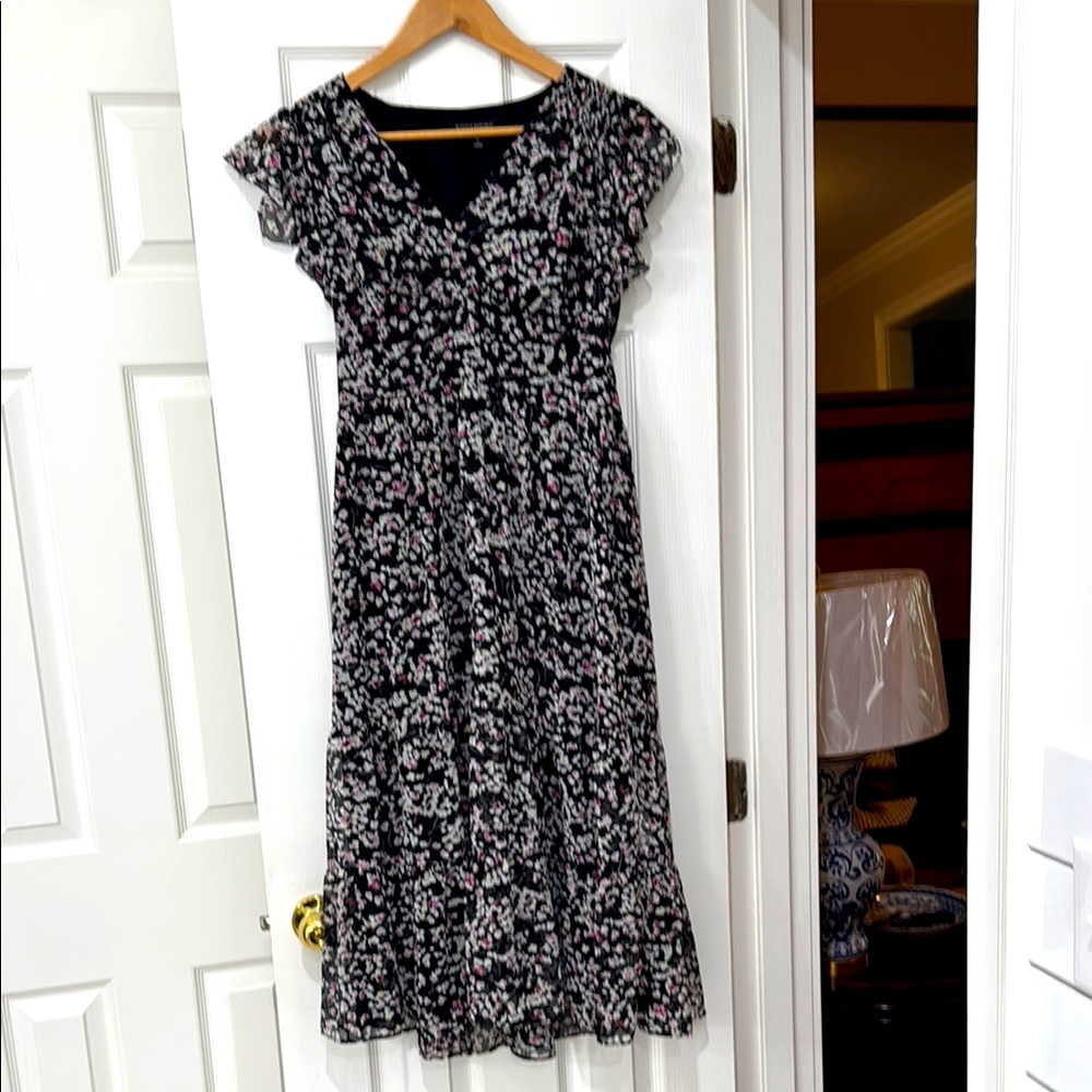 Banana Republic Black and Pink Flutter Sleeve Midi Dress